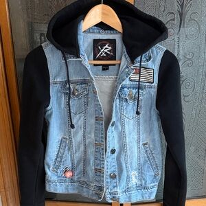 Young & Reckless Denim Jacket with Black Hooded Sleeves and Patches Small